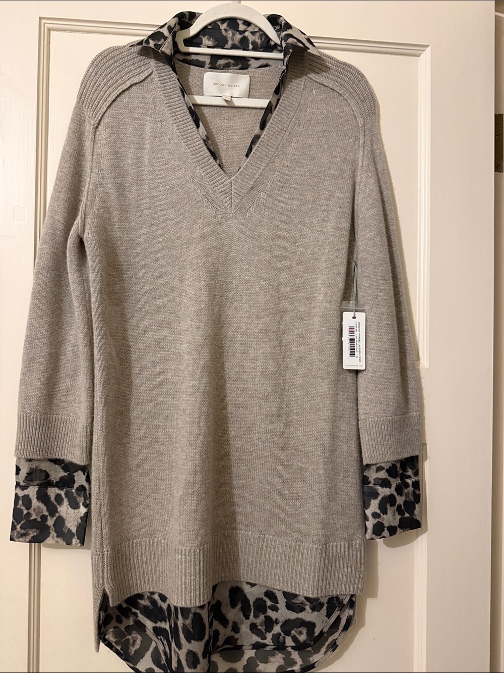 rag & bone Taupe V-Neck Sweater with Leopard-Print Layer